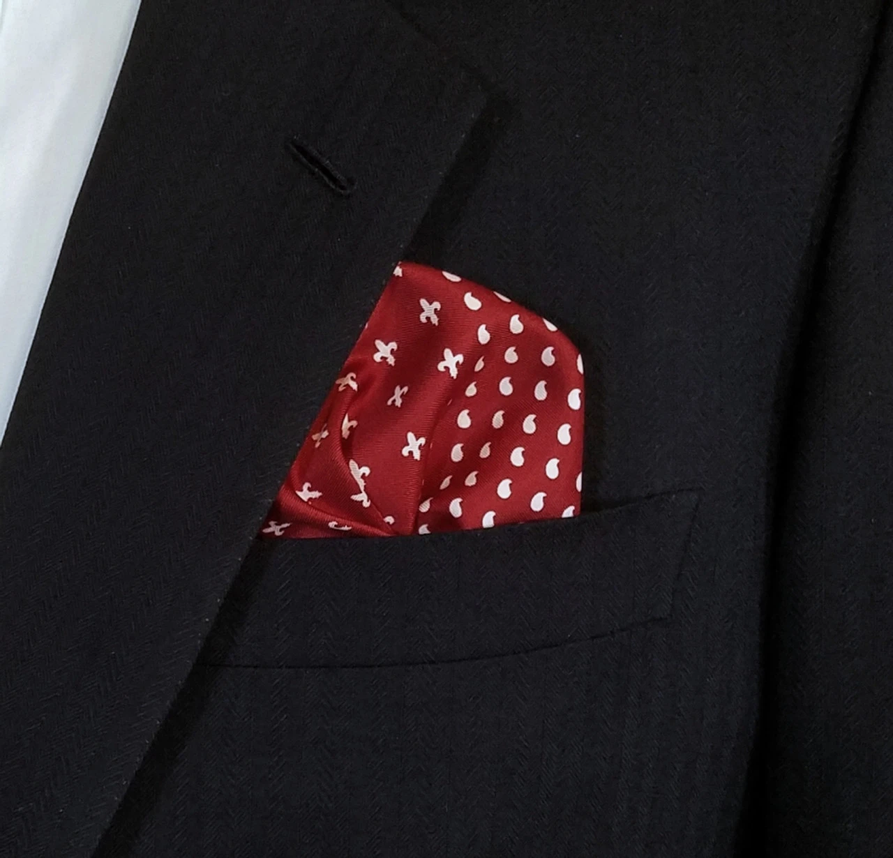 100% Silk Pocket Square - Ruby Red & White Dots & Fleur De Lis 12.5in 3 100% Silk Pocket Square - Ruby Red & White Dots & Fleur De Lis 12.5in - Image 3