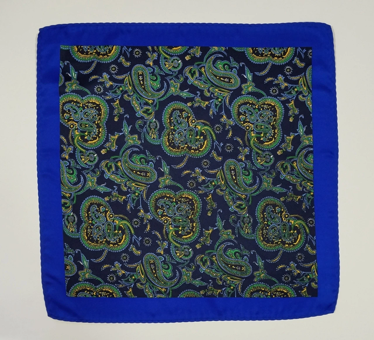 100% Silk Pocket Square -Royal Blue, Navy & Green Paisley Design 12.5 X 12.5 4 100% Silk Pocket Square -Royal Blue, Navy & Green Paisley Design 12.5 X 12.5 - Image 4