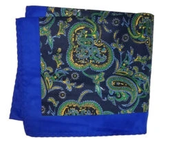 100% Silk Pocket Square -Royal Blue, Navy & Green Paisley Design 12.5 X 12.5