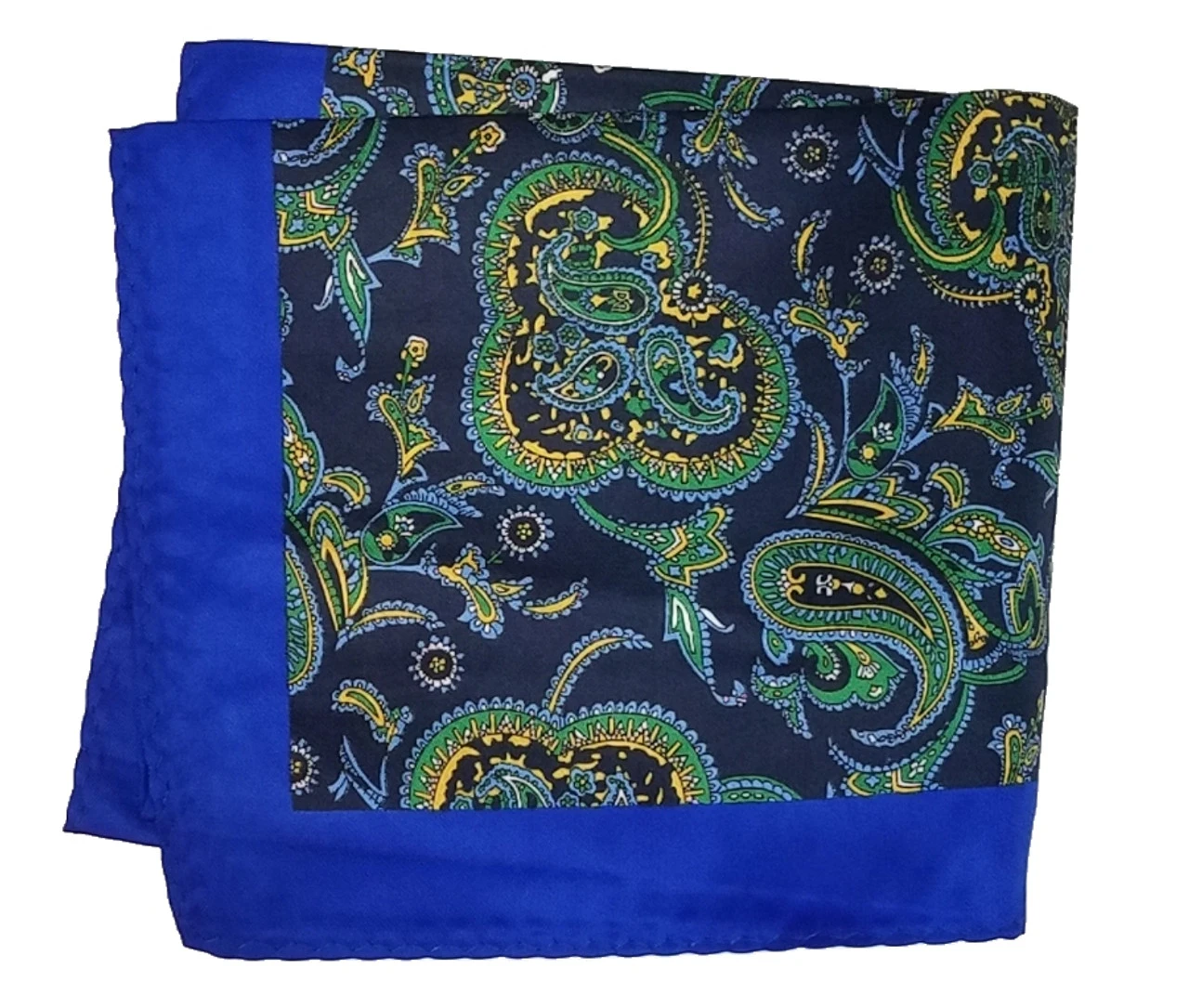 100% Silk Pocket Square -Royal Blue, Navy & Green Paisley Design 12.5 X 12.5 1 100% Silk Pocket Square -Royal Blue, Navy & Green Paisley Design 12.5 X 12.5