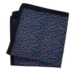 100% Silk Pocket Square - Dark Blue Small Paisley Design 12.5 X 12.5