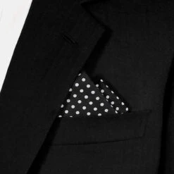 Small White Dots On Black 100% Cotton Pre-Folded Pocket Square Handkerchief Insert - 2 Point
