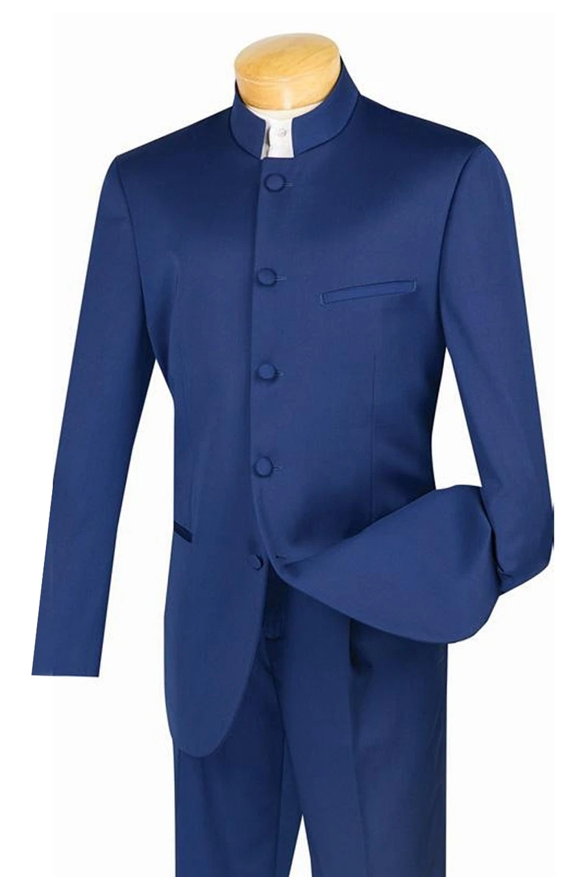 Lucci Banded Collar Fashion Suit - Blue 1 Lucci Banded Collar Fashion Suit - Blue