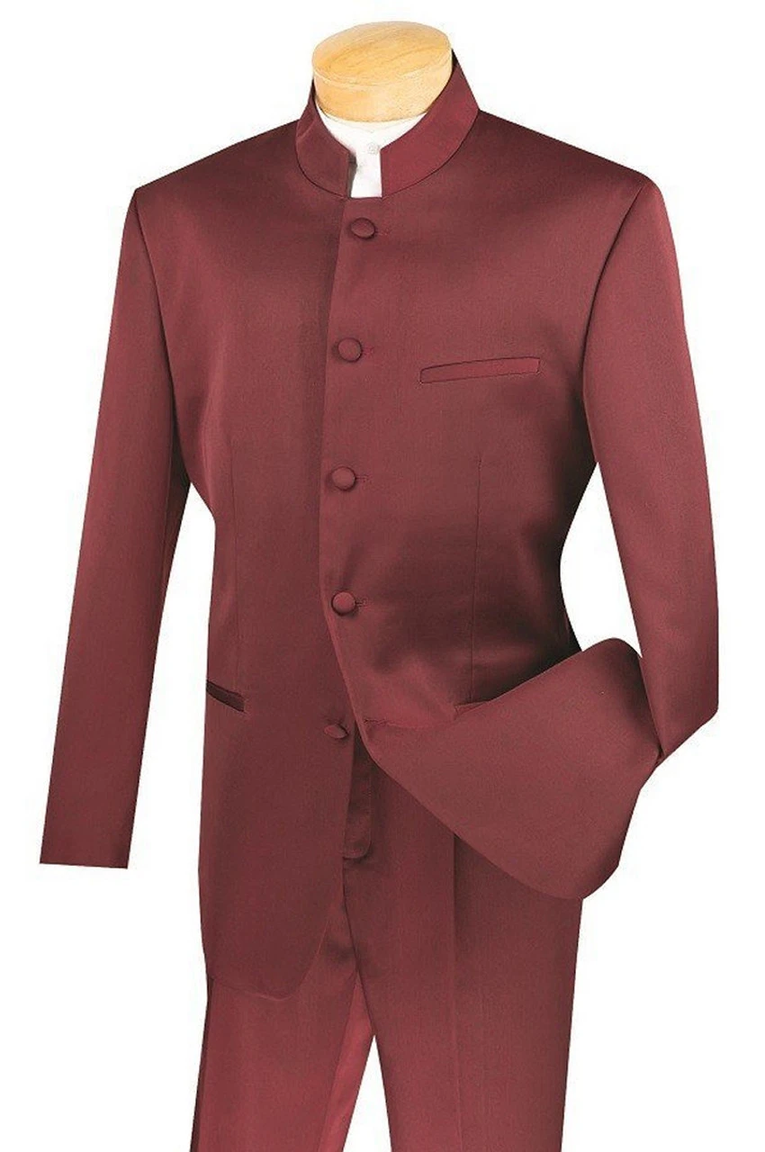 Lucci Banded Collar Fashion Suit - Burgundy 1 Lucci Banded Collar Fashion Suit - Burgundy