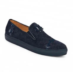 Mauri Logo Embossed Blue Suede With Crocodile Italian Casual Loafer