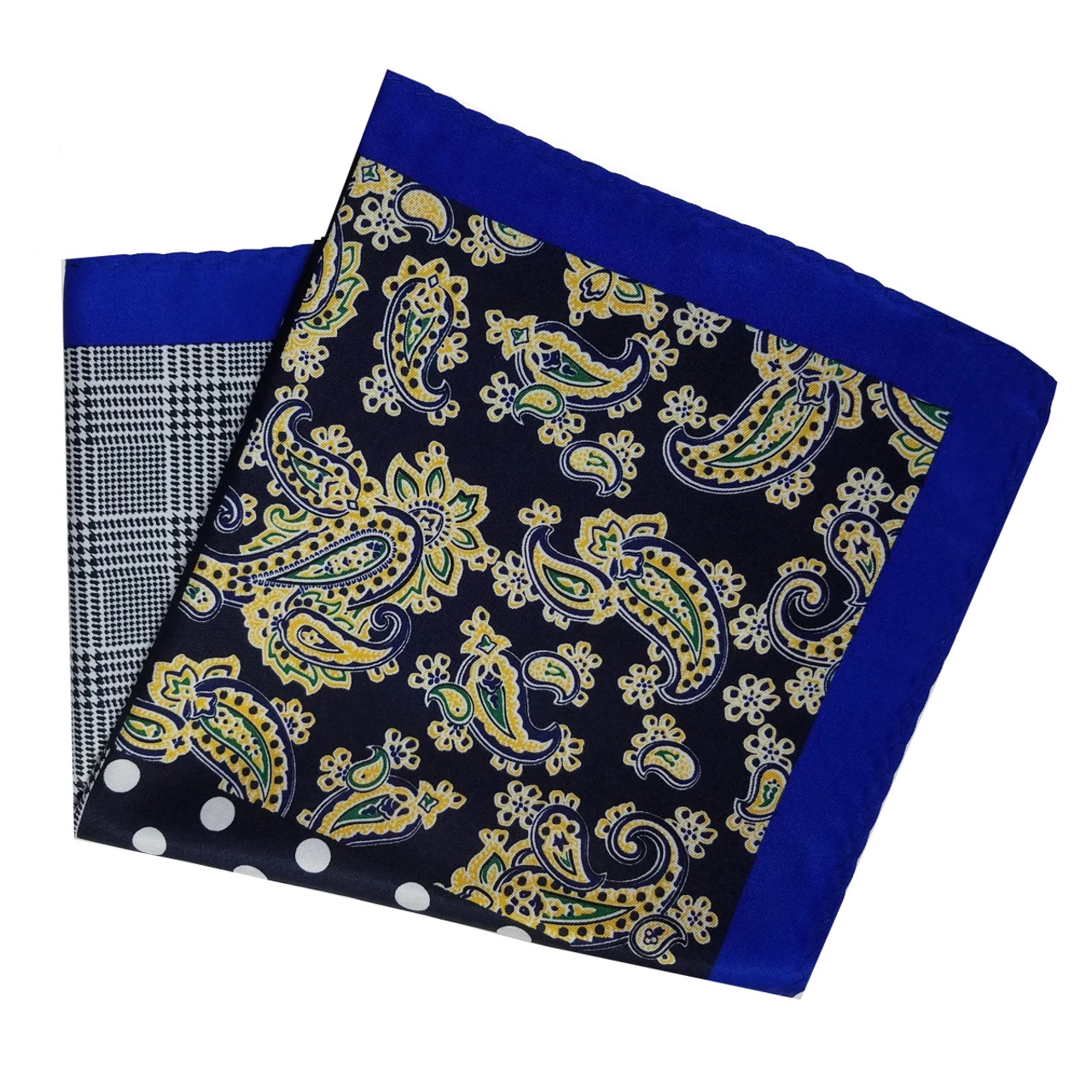 100% Silk Pocket Square Navy Blue Polka Dots With Yellow Paisleys 12.5in 2 100% Silk Pocket Square Navy Blue Polka Dots With Yellow Paisleys 12.5in - Image 2