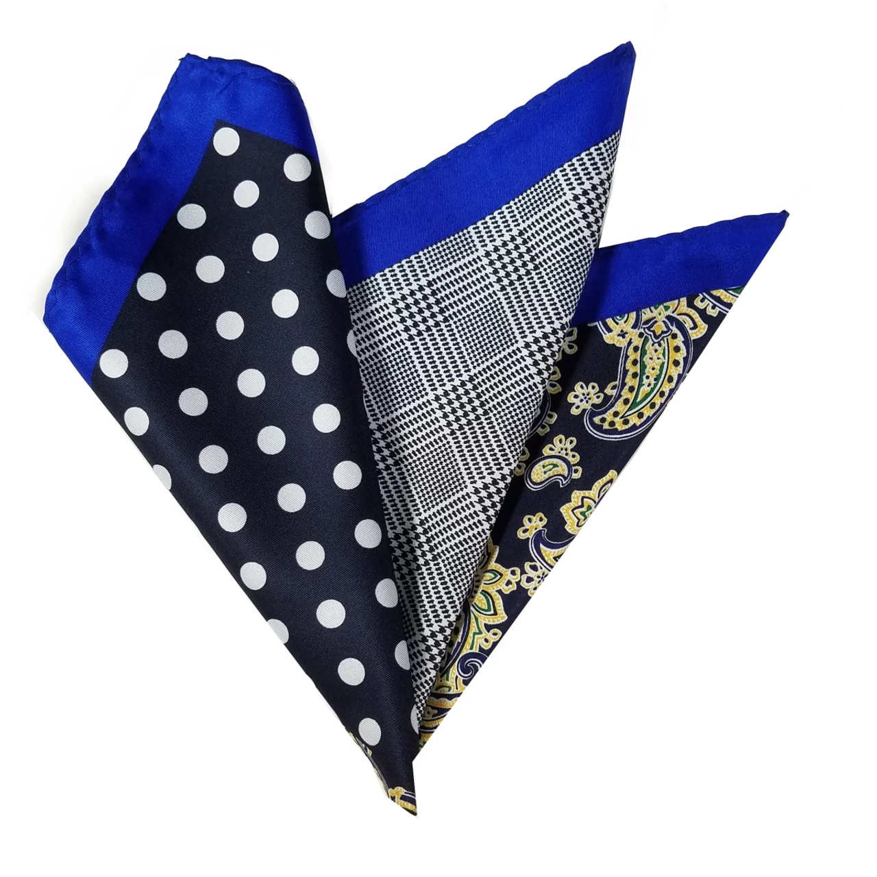 100% Silk Pocket Square Navy Blue Polka Dots With Yellow Paisleys 12.5in 1 100% Silk Pocket Square Navy Blue Polka Dots With Yellow Paisleys 12.5in