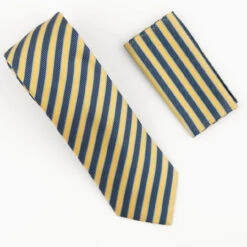 Antonia 100% Silk Tie W/Pocket Square - Blue & Yellow Stripes
