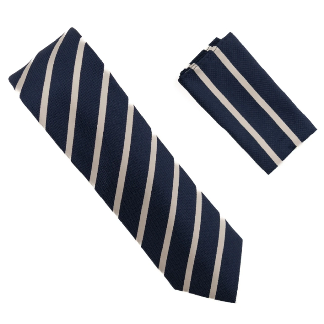 Antonia 100% Silk Tie W/Pocket Square - Cream Tone Stripes On Navy 1 Antonia 100% Silk Tie W/Pocket Square - Cream Tone Stripes On Navy