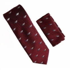 Antonia 100% Silk Tie W/Pocket Square - Burgundy & Silver Abstract Pattern