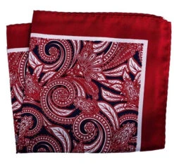 100% Silk Pocket Square - Dark Red Baroque Scroll Design 12.5 X 12.5