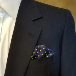 100% Silk Pocket Square - Navy Blue & Yellow Polka Dot - 12in -Suit Discount Store ALPK DF203 2 92390.1619727967