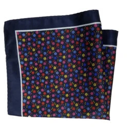 100% Silk Pocket Square - Navy Blue With Petite Multi-Colored Flowers 12.5in
