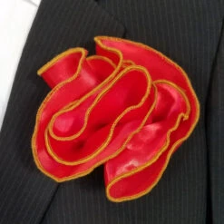 Antonio Ricci 2-in-1 Pouf Round Pocket Square - Gold Trim On Cherry Red