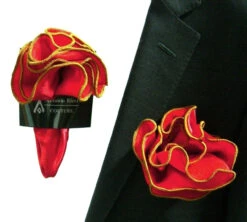 Antonio Ricci 2-in-1 Pouf Round Pocket Square - Gold Trim On Cherry Red -Suit Discount Store AR PKS PF 113 13658.1673928952