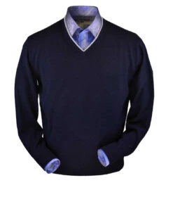 Peru Unlimited 100% Royal Alpaca Contrast V-Neck Sweater - Navy