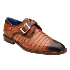 Belvedere Genuine Caiman Crocodile Monk Strap Dress Shoe - Brandy Tone