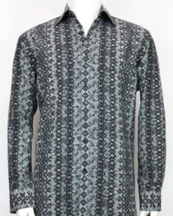 Bassiri Grey Abstract Arrow Design Long Sleeve Camp Shirt