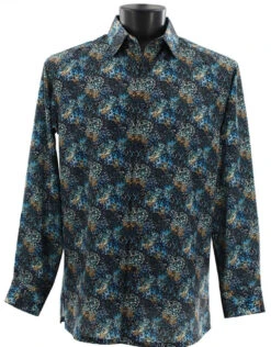 Bassiri Long Sleeve Camp Shirt - Turquoise Blue Mesh Pattern