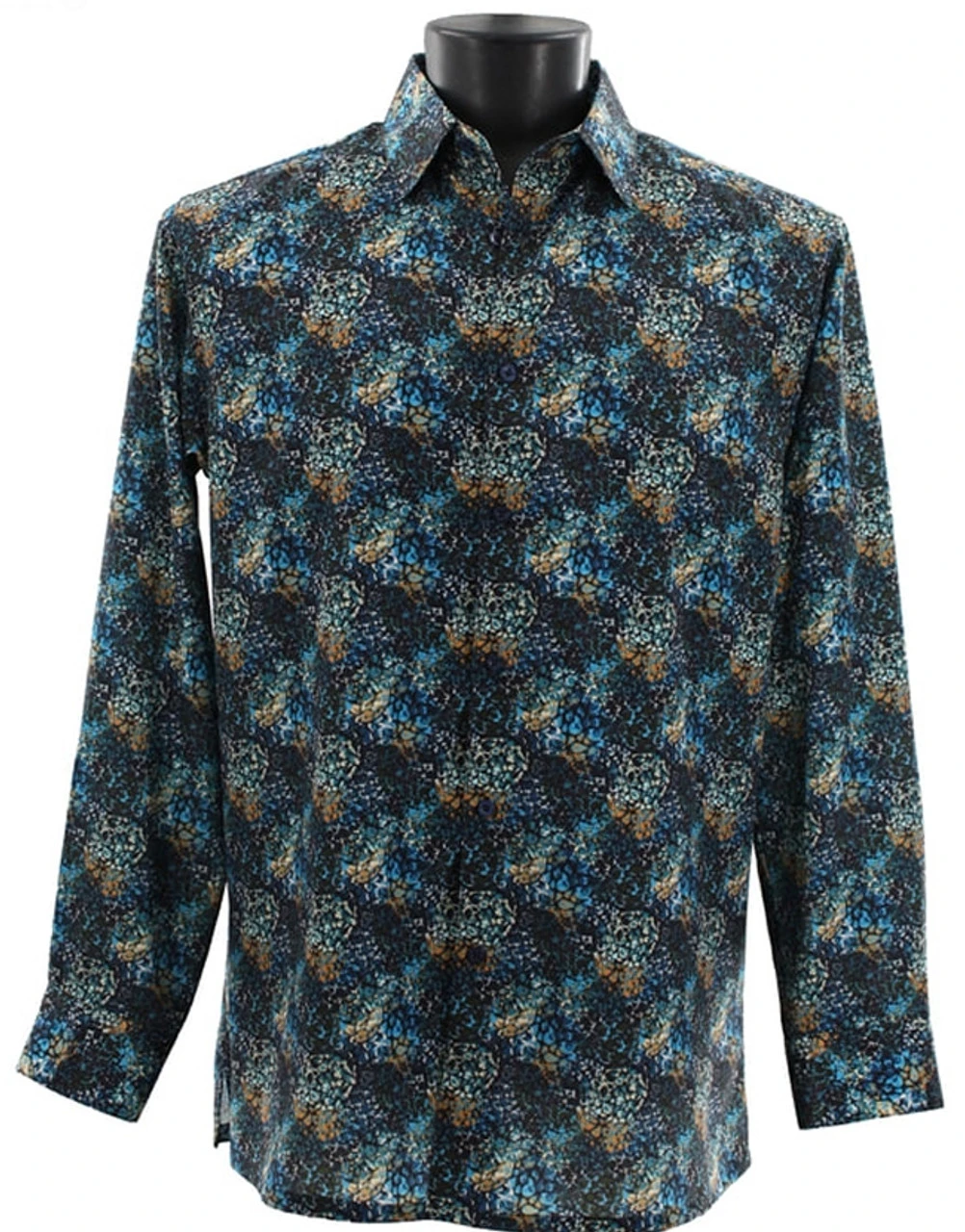 Bassiri Long Sleeve Camp Shirt - Turquoise Blue Mesh Pattern 1 Bassiri Long Sleeve Camp Shirt - Turquoise Blue Mesh Pattern