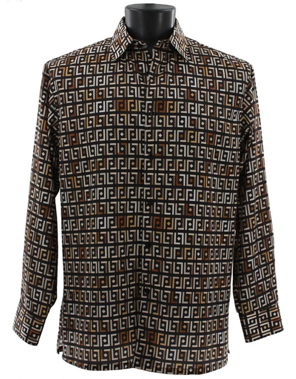 Bassiri Long Sleeve Camp Shirt - Brown Festive Block Design 1 Bassiri Long Sleeve Camp Shirt - Brown Festive Block Design