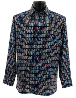 Bassiri Long Sleeve Camp Shirt - Blue Festive Block Design