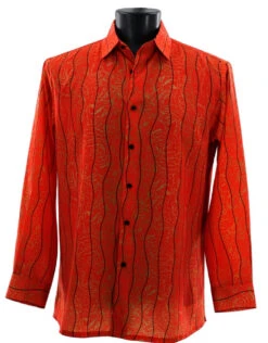 Bassiri Bright Red Wavy Line Mix Design Long Sleeve Camp Shirt