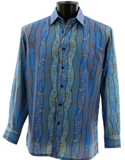 Bassiri Blue Wavy Line Mix Design Long Sleeve Camp Shirt
