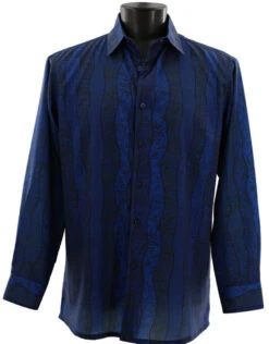 Bassiri Dark Blue Wavy Line Mix Design Long Sleeve Camp Shirt