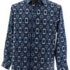 Bassiri Long Sleeve Camp Shirt - Turquoise & Navy Rectangle Design