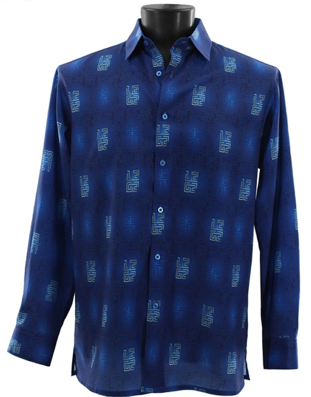 Bassiri Long Sleeve Camp Shirt - Blue Greek Key Design 1 Bassiri Long Sleeve Camp Shirt - Blue Greek Key Design