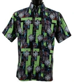 Bassiri Short Sleeve Camp Shirt - Black & Green Baroque Design