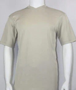 Bassiri Short Sleeve V-Neck Ribbed Jersey Knit Tee - Light Tan