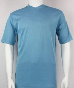 Bassiri Short Sleeve V-Neck Ribbed Jersey Knit Tee - Turquoise Blue