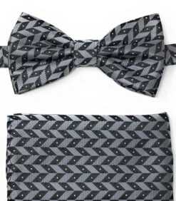 Silver And Black Zig-Zags Pre-Tied Silk Bow Tie Set
