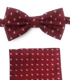 Dark Red With Fleur De Lis Symbols Pre-Tied Silk Bow Tie Set
