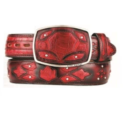 King Exotic Genuine Ostrich Leg Cut-Out Design Western Belt - Faded Red