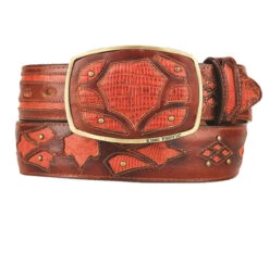 King Exotic Genuine Teju Lizard Cut-Out Design Western Belt - Faded Cognac