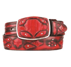 King Exotic Genuine EEL Cut-Out Design Western Belt - Faded Red