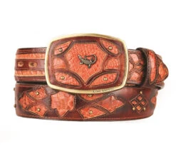 King Exotic Genuine Caiman Cut-Out Design Western Belt - Faded Cognac