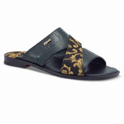 Mauri Black Genuine Ostrich Leg With Jacquard Fabric Sandal