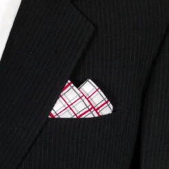 100% Cotton Pre-Folded Pocket Square Handkerchief Insert - Red & Grey Plaid