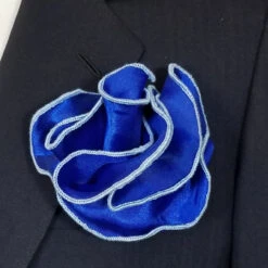 Antonio Ricci 2-in-1 Pouf Round Pocket Square - Light Blue Trim On Royal