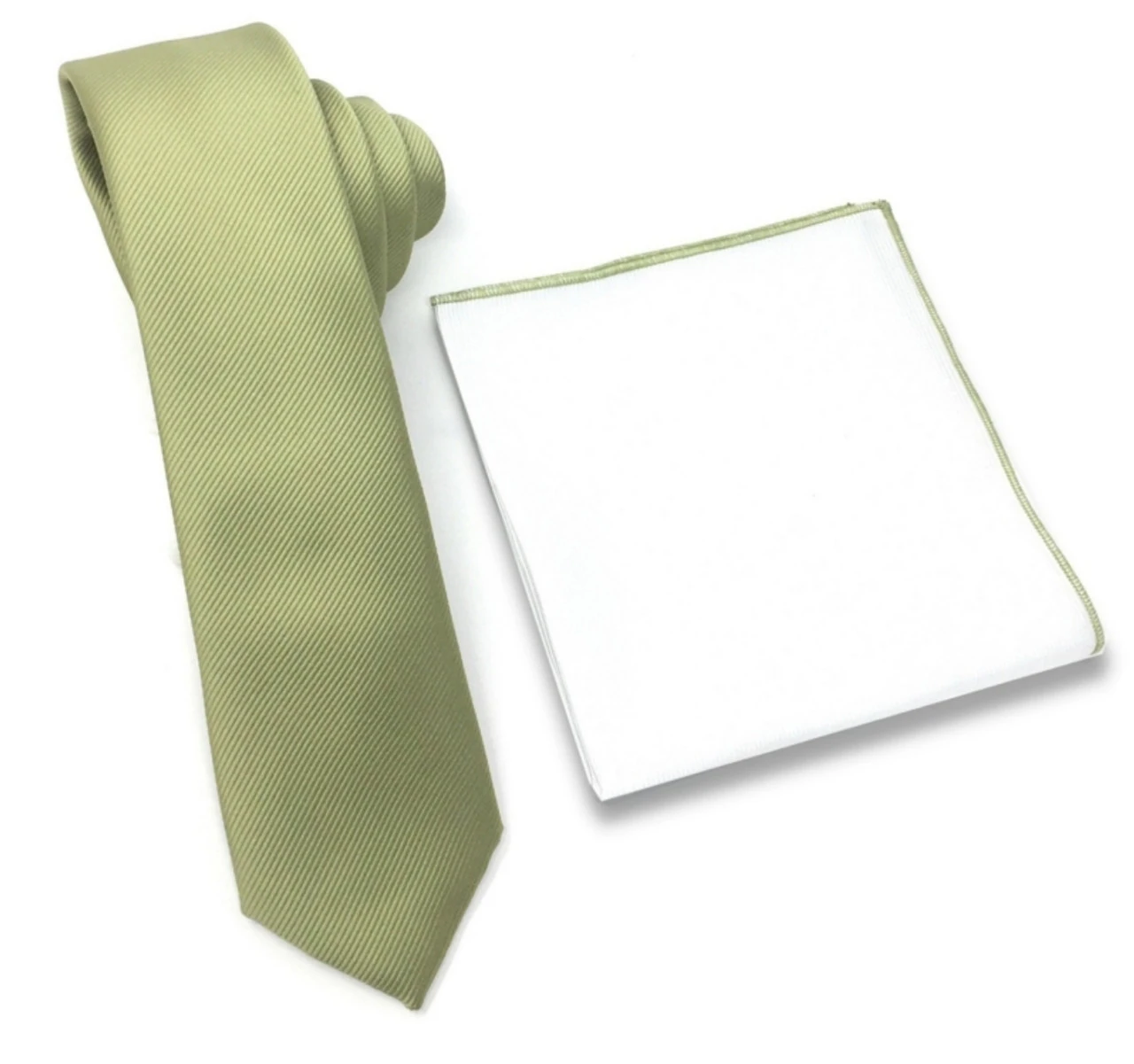 Antonia 100% Silk Tie W/Matching Trimmed Pocket Square - Light Olive 1 Antonia 100% Silk Tie W/Matching Trimmed Pocket Square - Light Olive