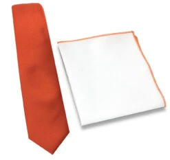 Antonia 100% Silk Tie W/Matching Trimmed Pocket Square - Orange