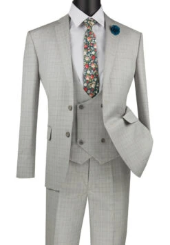 Vinci 2-Button Light Grey Windowpane Suit With Low-Cut Vest - Slim Fit