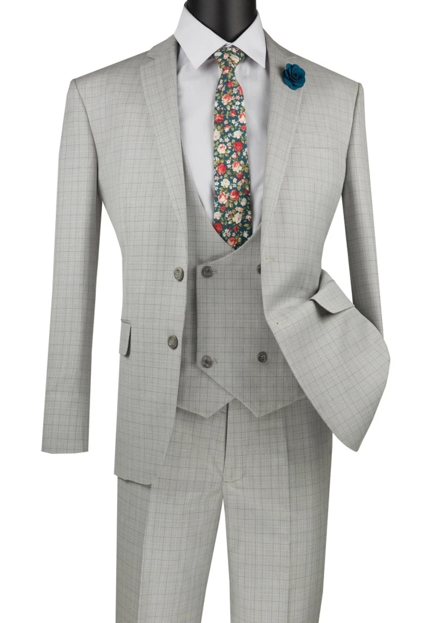 Vinci 2-Button Light Grey Windowpane Suit With Low-Cut Vest - Slim Fit 1 Vinci 2-Button Light Grey Windowpane Suit With Low-Cut Vest - Slim Fit