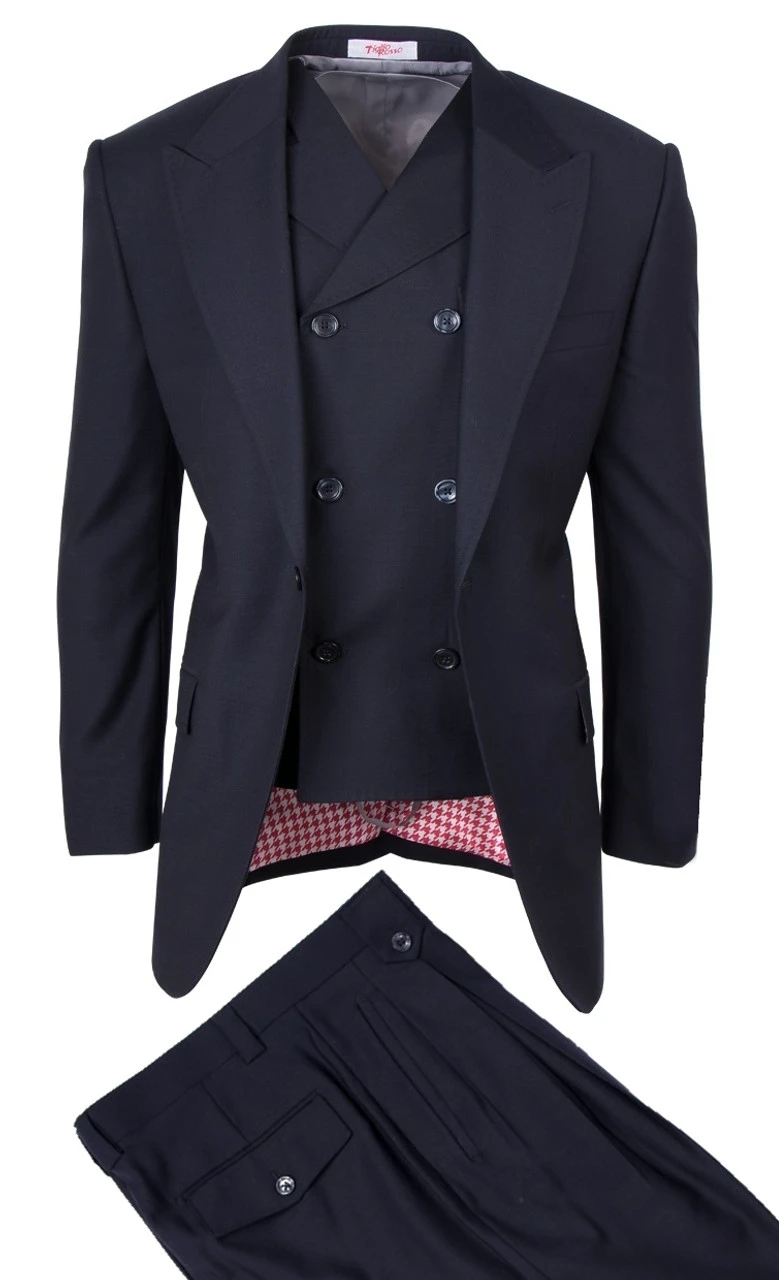 Tiglio Wide Leg Vested Italian Wool Suit - Navy 1 Tiglio Wide Leg Vested Italian Wool Suit - Navy