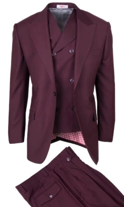 Tiglio Wide Leg Vested Italian Wool Suit - Burgundy