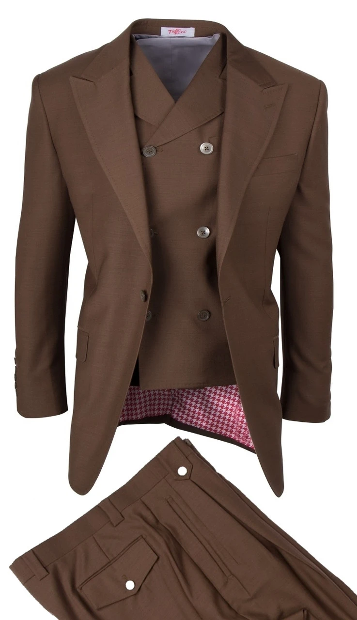 Tiglio Wide Leg Vested Italian Wool Suit - Tobacco Brown 1 Tiglio Wide Leg Vested Italian Wool Suit - Tobacco Brown